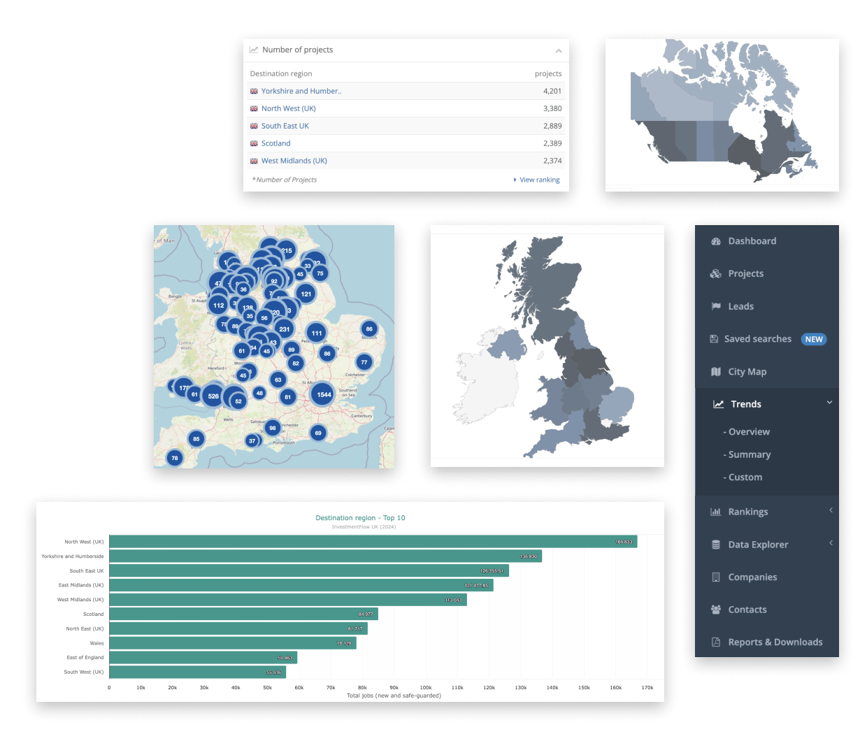 A dashboard from InvestmentFlow displaying detailed investment metrics, including '52,063 Deals,' 'Avg Inc % Capex,' and 'Safe Jobs' at 1.67 million. A map highlights global incentives activity, with regions color-coded to reflect investment data. Additional tables list data for countries like Italy, Germany, and the UK, showing metrics such as average incentives per deal, jobs created, and capital expenditure (Capex).