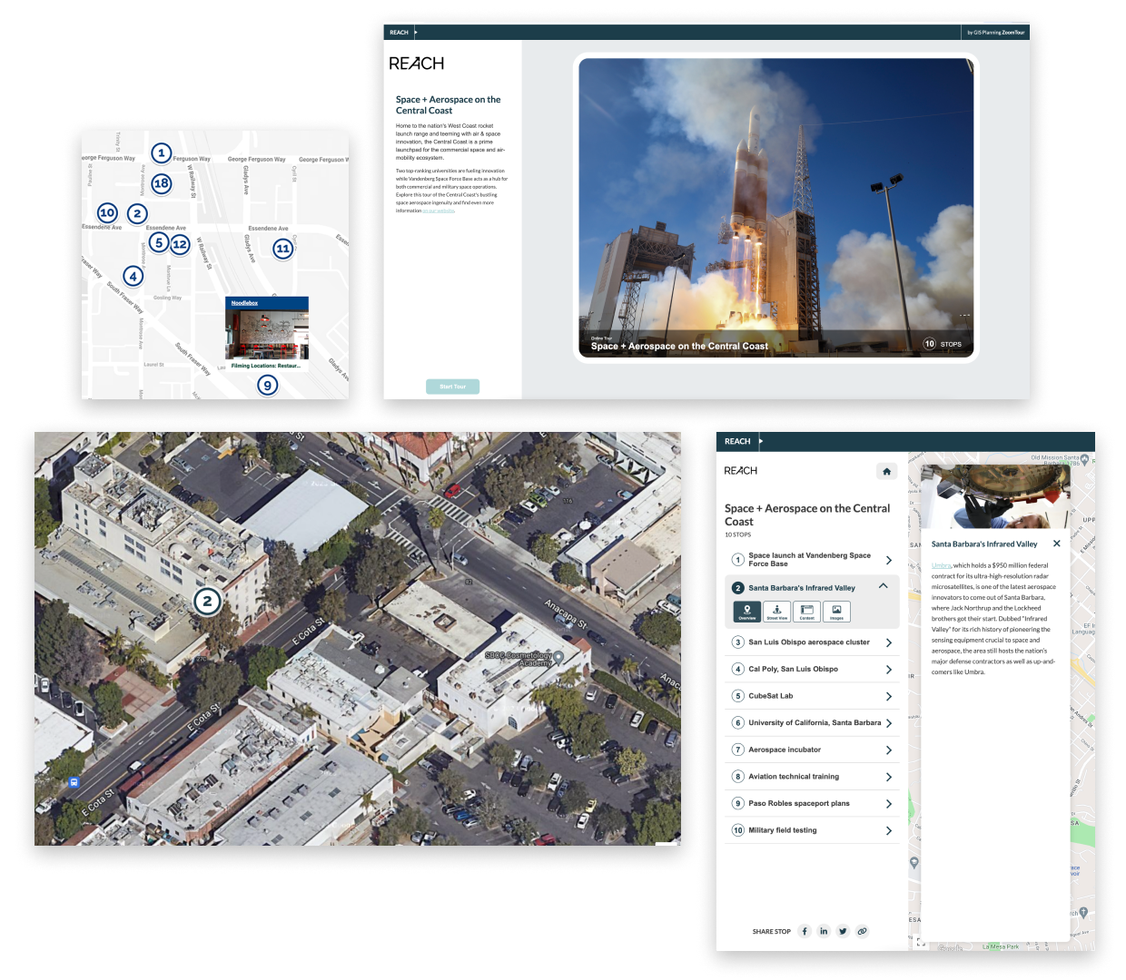 ZoomTour dashboard interface with an interactive tour of locations, including a focus on the aerospace industry. The map on the left displays numbered markers indicating different locations, while the right side features a description of 'Space + Aerospace on the Central Coast,' with images and video content. Additional location-specific information is listed, such as research institutions and aerospace clusters.